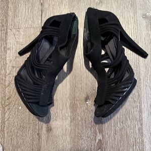 Women Tory Burch Black Suede Leather Peep Toe Stiletto Heel Shoes Sz 9.5